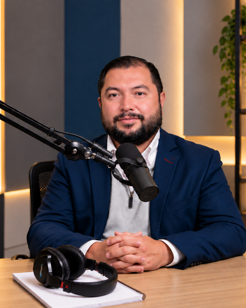 Entrevista en estudio de podcast moderno